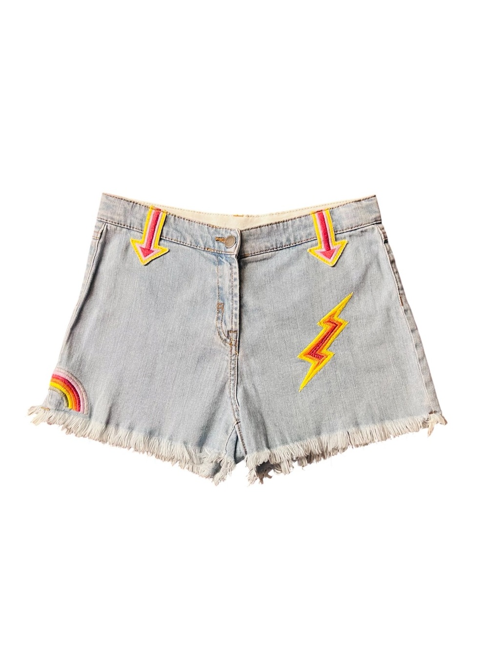 Stella McCartney Girl’s Light Blue Denim Patch Embroidered Frayed Shorts SZ 14Y
